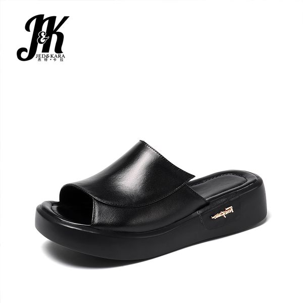 

jk 2019 new summer metal cow leather slippers women fashion wedges shoes ladies platform slipper open toe female footwear, Black