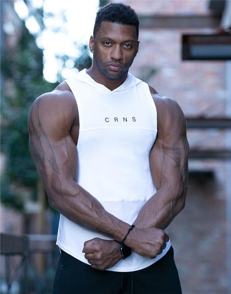 

2020 hooded gym vest men running shirt summer vest breathable mens quick dry tank gym workout fitness t-shirt sport shirt, Black;blue