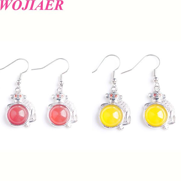

wojiaer natural jade stone round bead cz zircon rhinestone monkey dangle earrings for women silver color jewelry earrings bm915