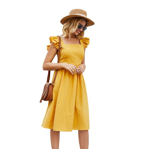 

Hot Sale 2020 Spring and Summer New Sleeveless Stitching Ruffle Sleeve Square Collar Solid Color Open Back Lace Dress S-XL