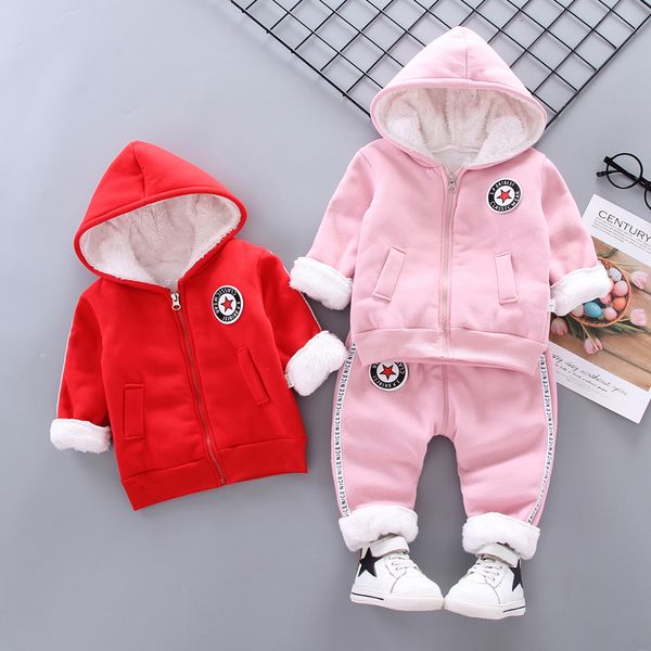 

autumn winter children boys girls fashion clothing suits baby cartoon hooded jacket pants 2pcs/sets infant add cotton tracksuits, White