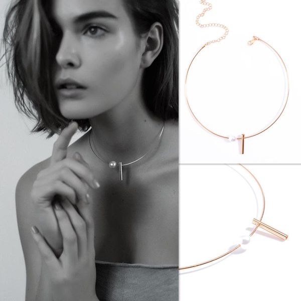 

fashion simple fashion copper tube pearl women's collar chain, Silver