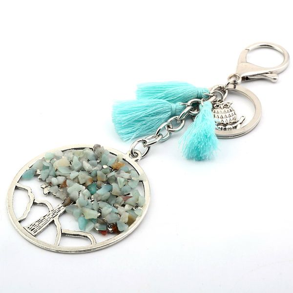 

vintage charms chakra tree of life pendant tassel keychain crystal natural stone key chain women chaveiro key ring, Silver
