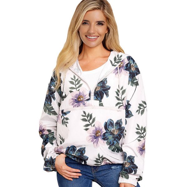 

rainproof women jacket hooded floral/leaves print long sleeved sweatshirt half zip up spring/autumn hoodies windbreaker jacket, Blue;black