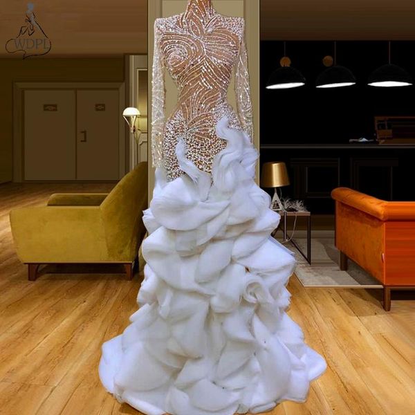 

luxury illusion prom dresses 2020 long sleeves tiered dubai evening dresses mermaid beading celebrity dress wedding party gowns, White;black