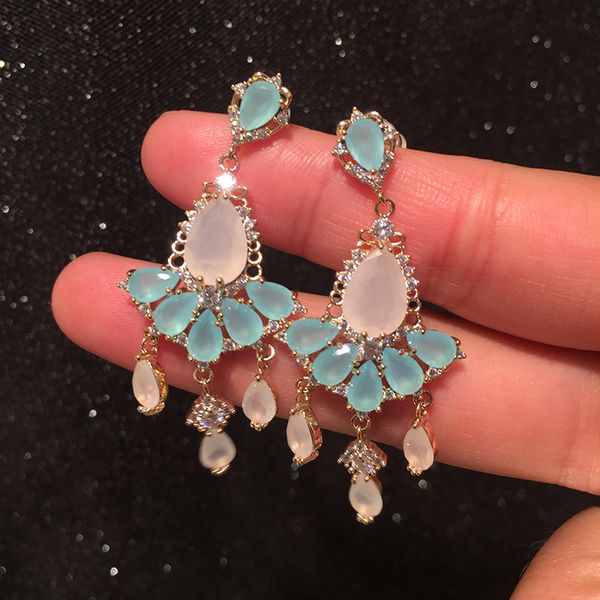 

fashion light blue and pink cz tassel drop earring for women, Silver