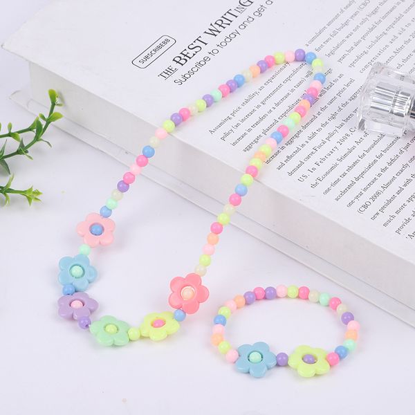 

women femme resin sets kids necklaces girls flower bracelet pearl necklace kids geometric necklace beads children jewelry summer, Silver