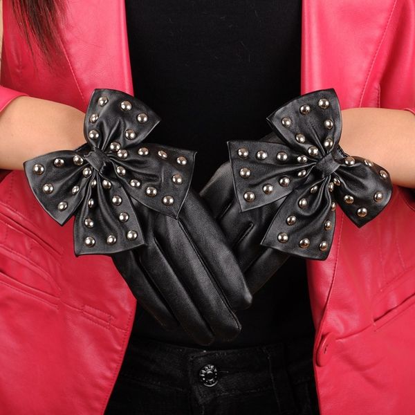 

selling winter motorcycle lady rivet butterfly bow soft pu leather gloves for women black red fashion accessory, Blue;gray