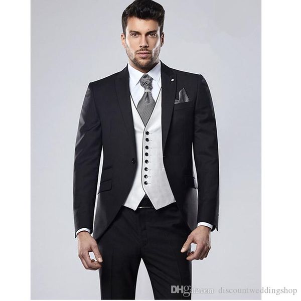 Popolare nuovo design smoking dello sposo nero picco risvolto uomo abito da lavoro abito da sposa abiti da ballo (giacca + pantaloni + gilet + cravatta) J473