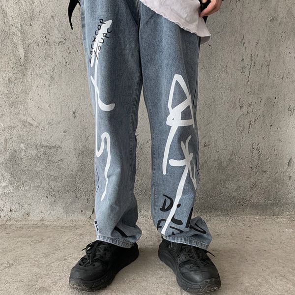 

men's jeans 2019 autumn and winter new retro hip hop loose graffiti printing jeans youth personality fashion men's clothing, Blue