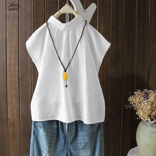 

2019 plus size blouse women solid turn down collar short sleeve back button cotton linen 100% cotton party shirts, White