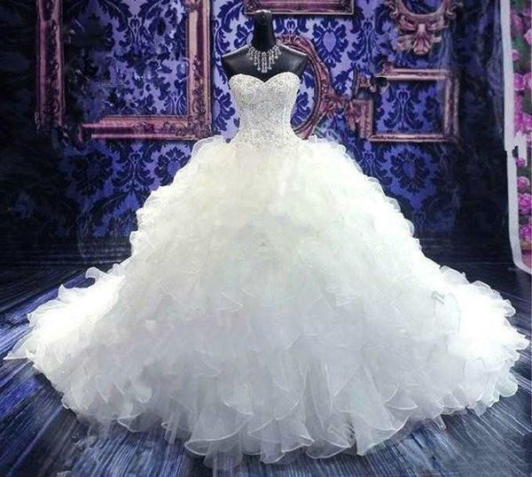

2020 new ball gown wedding dresses sweetheart with lace appliques beads sleeveless corset back organza tiered plus size bridal gowns, White