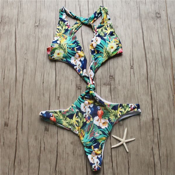 

women jungle flower print one piece swimsuit plunge neck bandage summer swimwear female halter monokini bathing suit, White;black