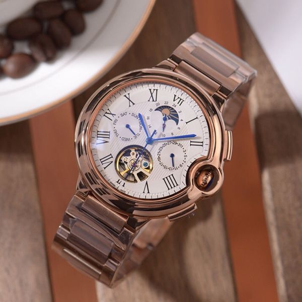 

new mens watch automatic mechanical movement 316 stainless steel strap real monthly phase 24 hours display diameter 42mm 12mm luxury watch, Slivery;brown