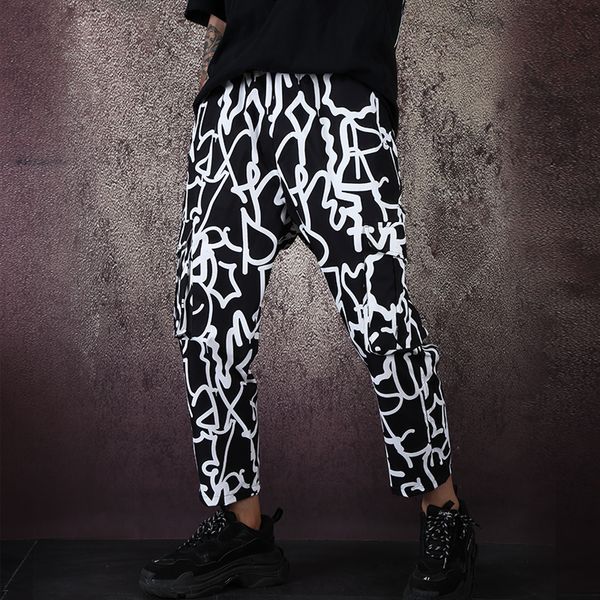 

xxlfashionable big style printed geometric line loose long-sleeved shirt wide leg cropped pants casual pants suit, White;black