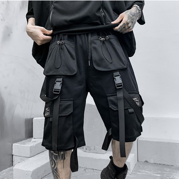 

aboorun men's hip hop cargo shorts multi pockets ribbons shorts summer multifunctional for male, White;black