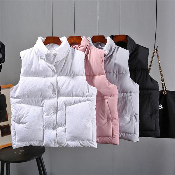 

winter new down cotton vest women short thick cotton vest solid color femme stand collar warm big pocket wild waistcoat mz3298, Black;white