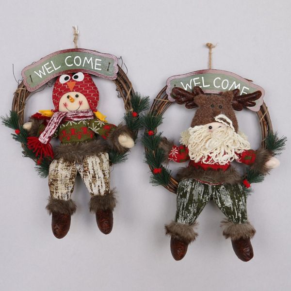 

christmas rattan garland santa claus snowman doll wreath with wooden welcome sign christmas pendant wall window decoration