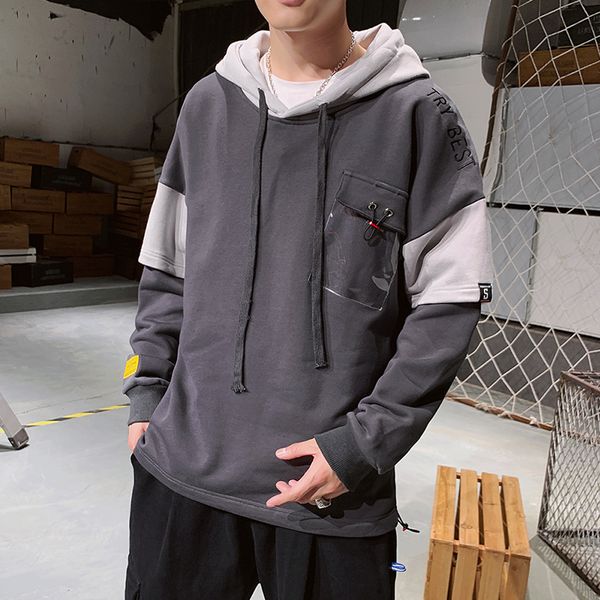 

fake two pieces man hoodies trends patchwork men's sweatshirts black yellow gray men hooded sweatshirts