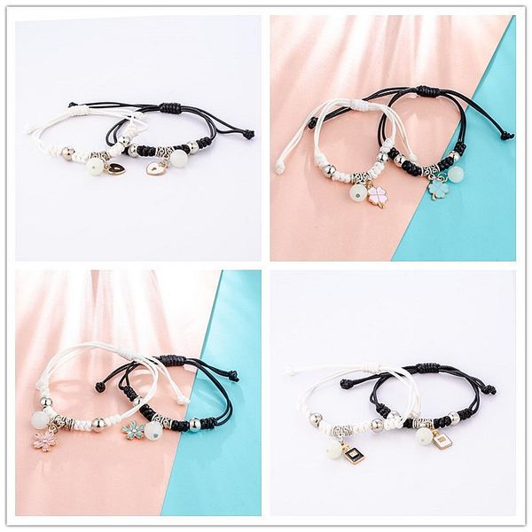 

2pcs/1 set luminous couples bracelet summer luminous bracelet black leather star leaf rope bracelet key leather kid fashion jewelr, Golden;silver