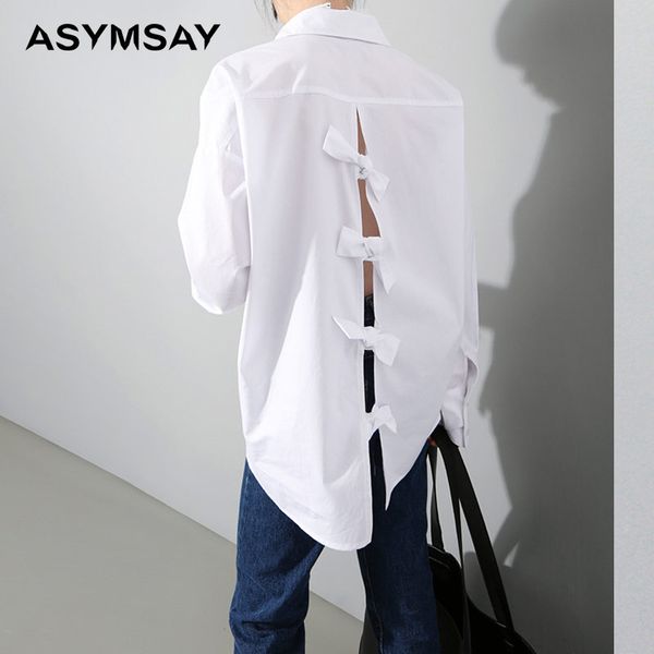 

ladies fashion new spring backless bowknot loose white long sleeve shirt female butterfly knot women shirt