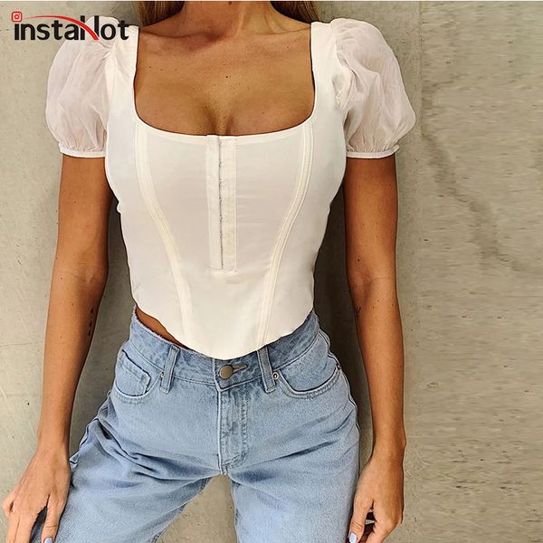 

instawomen puff sleeve t shirt crop summer square collar slim t shirt 2020 casual elegant vintage asymmetric hem tee top, White