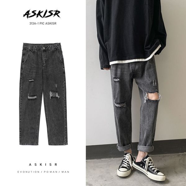 

men's jeans summer ripped fashion casual retro korean straight men streetwear wild loose hip hop denim pants mens s-2xl, Blue