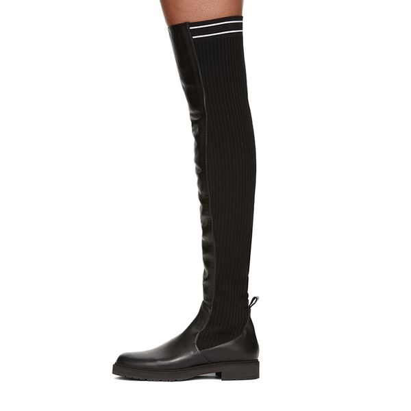 

Black Over Knee Boots Flat Stretch Shaft Round Toe Low Heel Summer Spring Casual Street Cool Customize Shoes Women