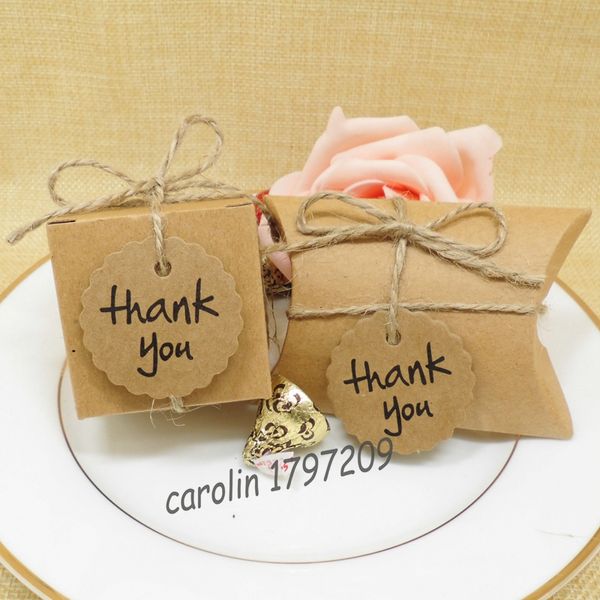 

100pcs kraft paper pillow/square candy box rustic wedding favors candy holder bags wedding party gift boxes with thank you tags