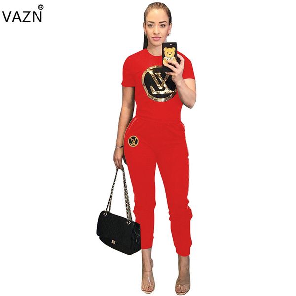 

summer women casual fashion short sleeve round neck printed elastic long pants comfortable contracted sets ts929, White
