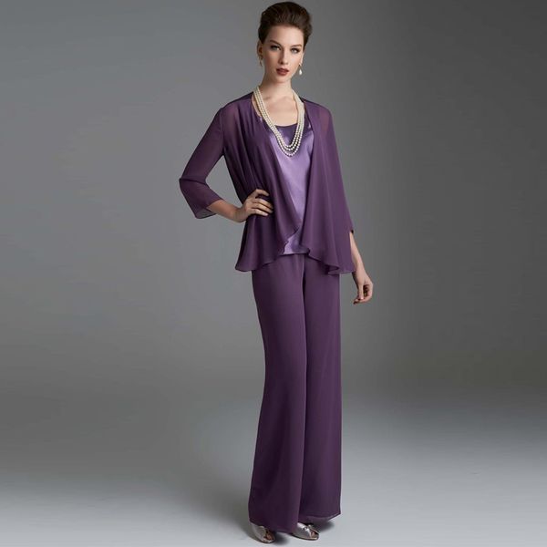 

elegant purple long sleeves mother of the bride pant suits with jackets wedding guest dress plus size chiffon mothers groom dresses, Black;red