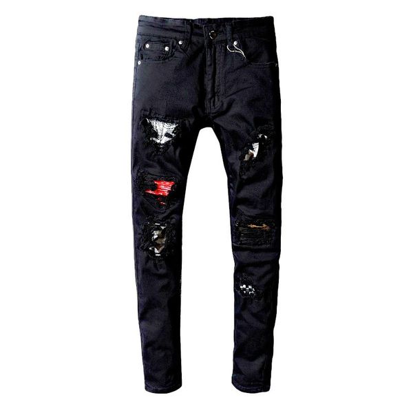 

19ss мужские рваные заплаты тощий черный мужские дизайнерские джинсы проблемные значок slim fit мотоцикла велосипедиста джинсы отверстие нищ, Blue