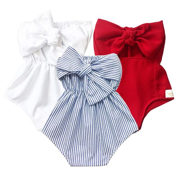 

baby girls stripe off shoulder ruffle jumpsuits headband summer toddler bow romper newborn outfits playsuit 0-2t, Blue