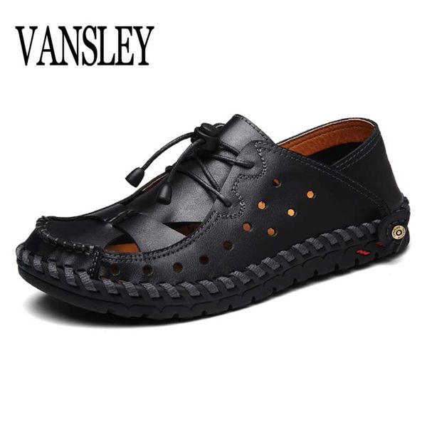

summer genuine leather men sandals man sandal slippers summer breathable male beach bohemia shoes plus size 38-46, Black