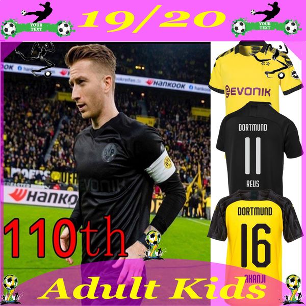 

100th 19 20 borussia dortmund soccer jersey hazard 2019 2020 football shirt sancho reus hummels brandt paco delaney men + kids kit uniforms, Black;yellow