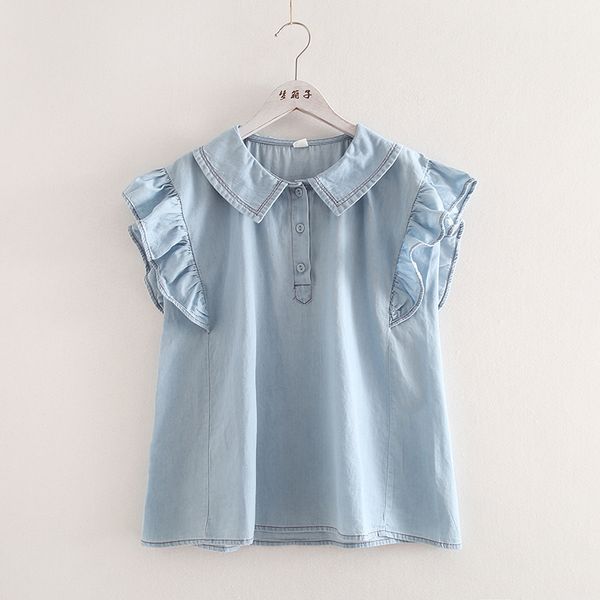 

2020 summer new fresh cotton shirt female peter pan collar denim shirt top, White