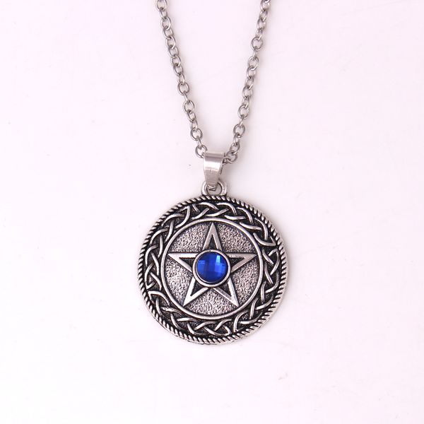 

hy154 high popularity link chain jewelry five-pointed star round talisman religious pendant necklace with gemstone, Silver
