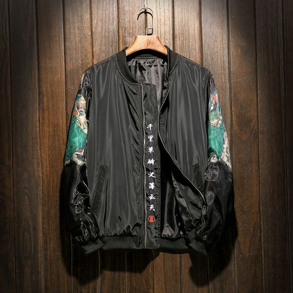 

yuwaijiaren 2018 new chinese style hero print spring autumn jacket men casual male stand collar fashion baseball coat, Black;brown