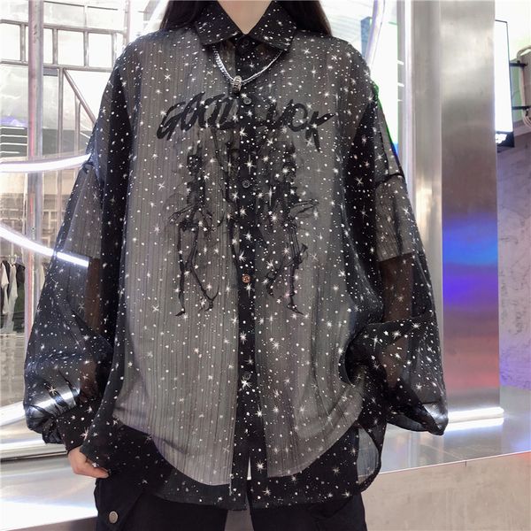 

women shirts summer 2020 blouses punk fashion translucent oversized casual long sleeve button shirt men party dress shirts, White
