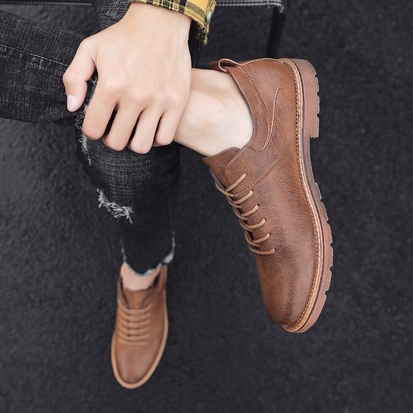 

men's black/brown brushing leather retro lace-up sneakers mens street casual shoes