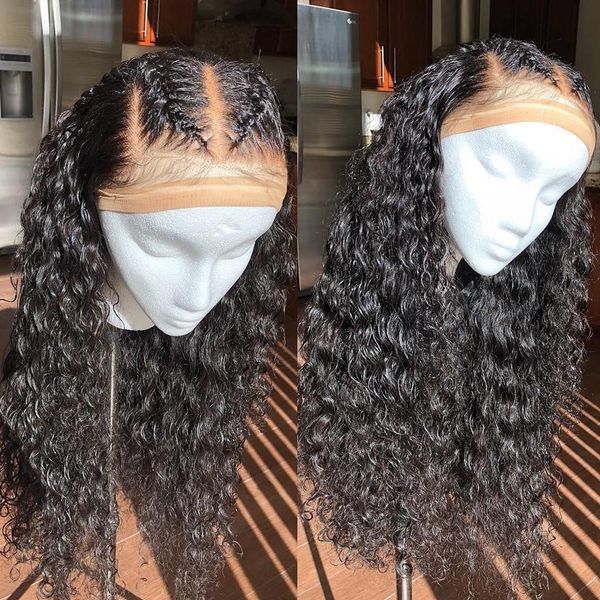 

волна воды 13x6 кружева перед парики человеческих волос с волосами младенца глубокая часть предварительно сорвал вьющиеся бразильские парики, Black