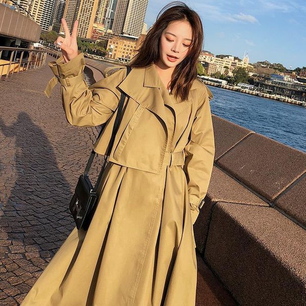 

women's trench coats 2021 women elegant overcoat long bandage turn down collar coat cardigan solid loose plus size outwear with pocket, Tan;black