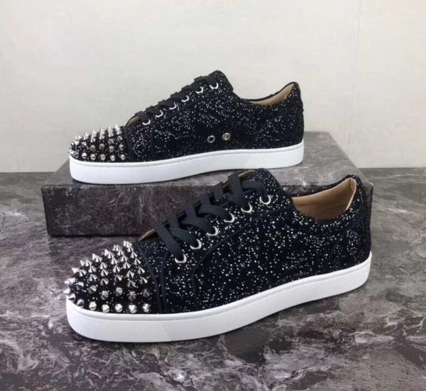 

19s wholesale r glitter leather fashion red bottom spikes sneakers shoes for women,men casual walking luxury designer walking eu35-46, Black