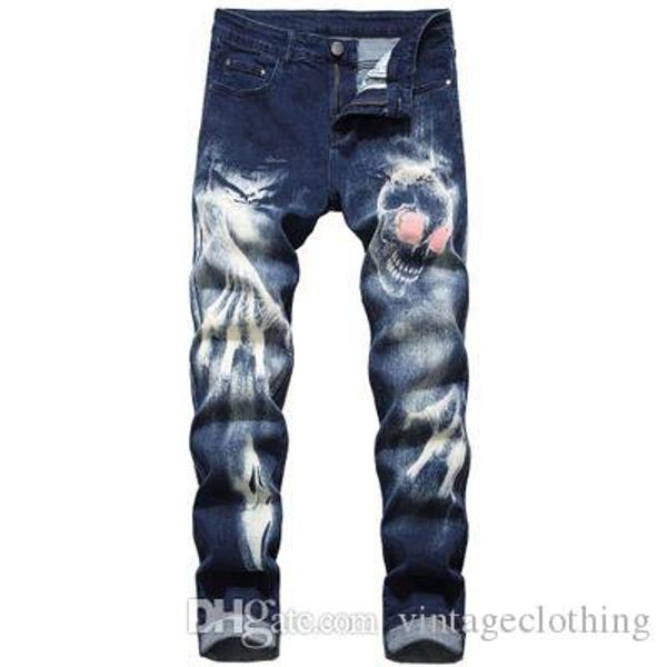 

мужская мода повседневные джинсы мужчины прямой череп паттен печатных slim fit джинсовые брюки классические джинсовые брюки для мужчин, Blue