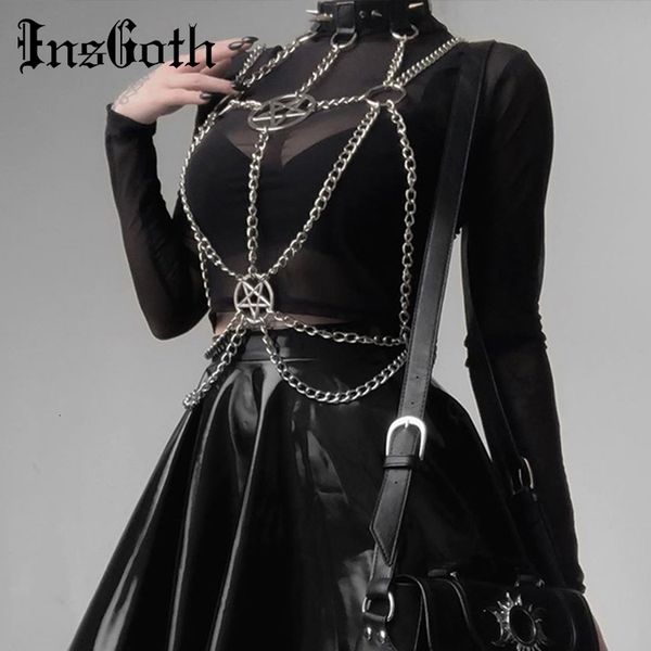 

insgoth women suspenders chest metal chain belt gothic harajuku pentagrams patchwork streetwear belts chain tassel harness y191207, Slivery;black