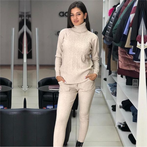 

свитер женщина костюмы twisted вязаные наборы водолазка прицепные femme и pant двухкусочный наряды женский drop доставка, White