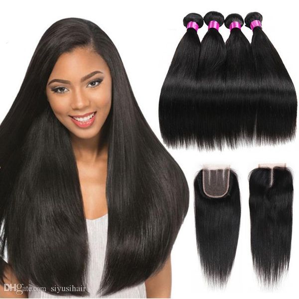 

peruvian malaysian mongolian indian brazilian virgin straight hair weaves 3 4 bundles with closure 9a human hair bundle with lace closure, Black