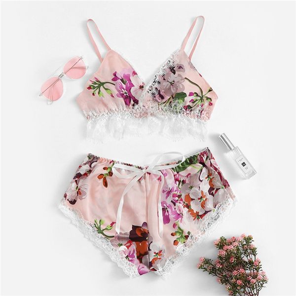 

multicolor lace trim floral print satin women lingerie set boho wireless intimates femme bra underwear set, Red;black