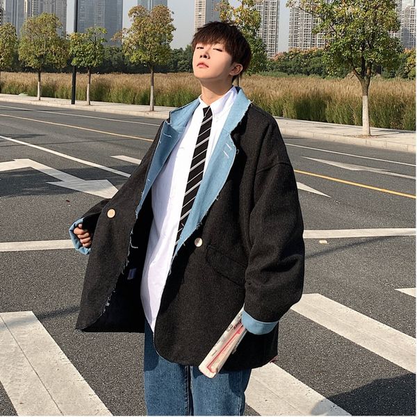 

22019 winter new silhouette woolen coat thickening denim stitching loose coat jacket dark gray / light blue / beige m, Black