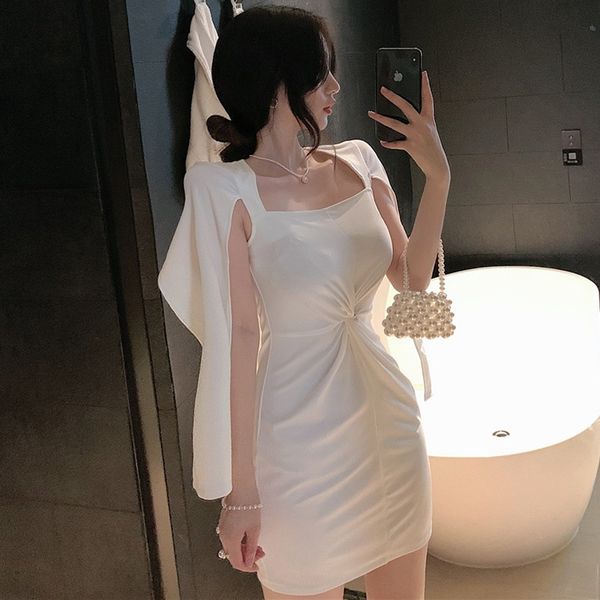 

elegant shawl sleeve dress 2020 new design sense small skirt pleated slim slimming french skirt female, White;black